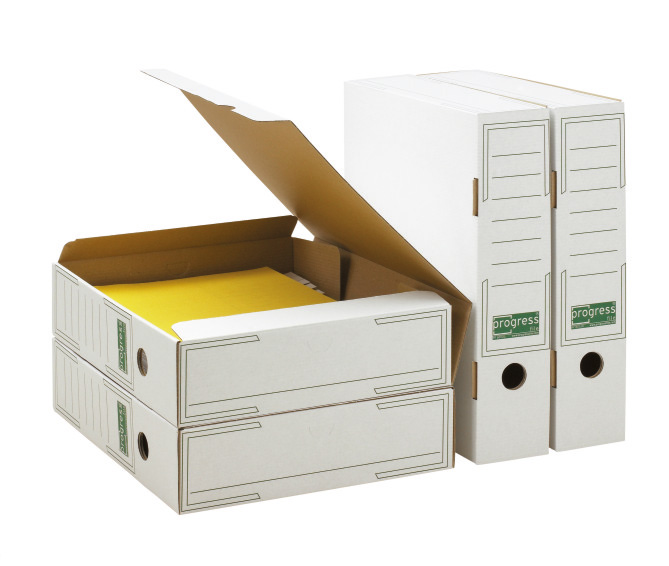 Archivbox 320x253x72 mm DIN A4 ECO Archivkartons Fingergriffloch + Abheftbügel Funktion, weiß - progressFILE