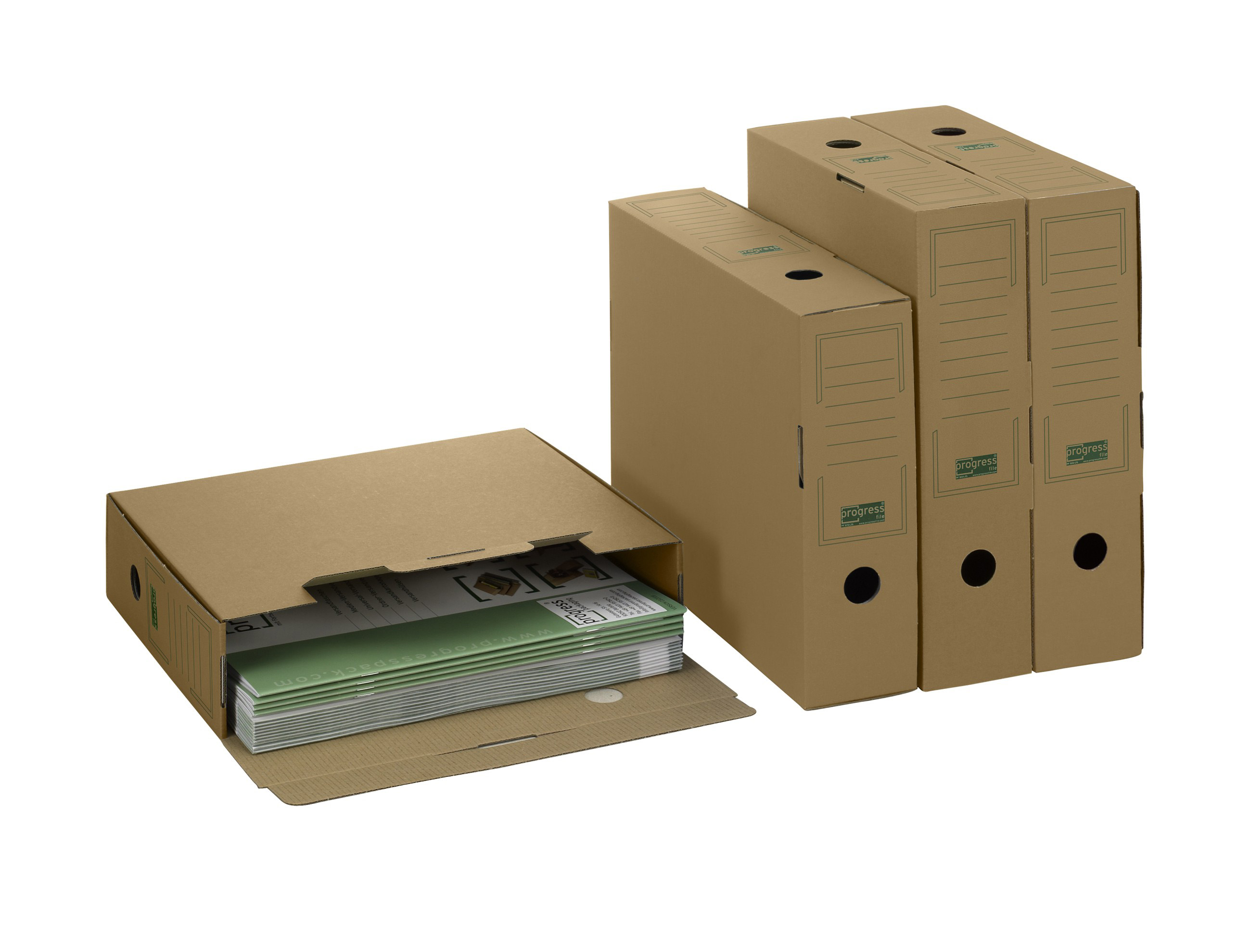 Archivboxen für Ordner PREMIUM 315x76x260 mm DIN A4+ Beschriftungsfeld + Fingergriffloch, braun - progressFILE