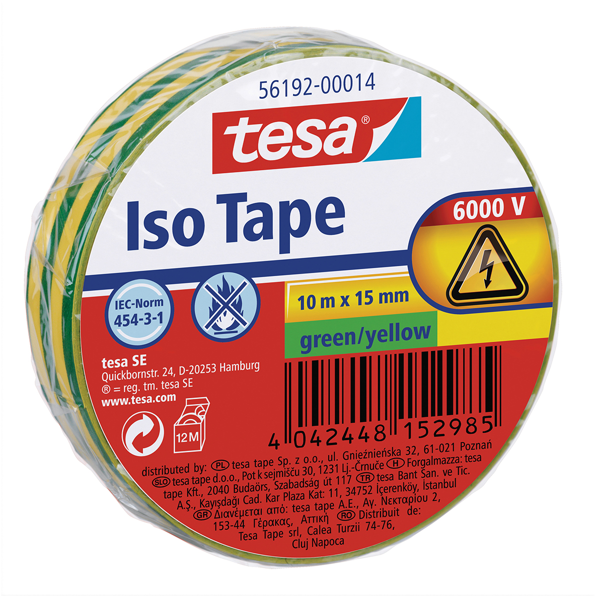 tesa Isolierband 15 mm x 10 m Iso Tape spannungsfest bis 6.000 V grün-gelb