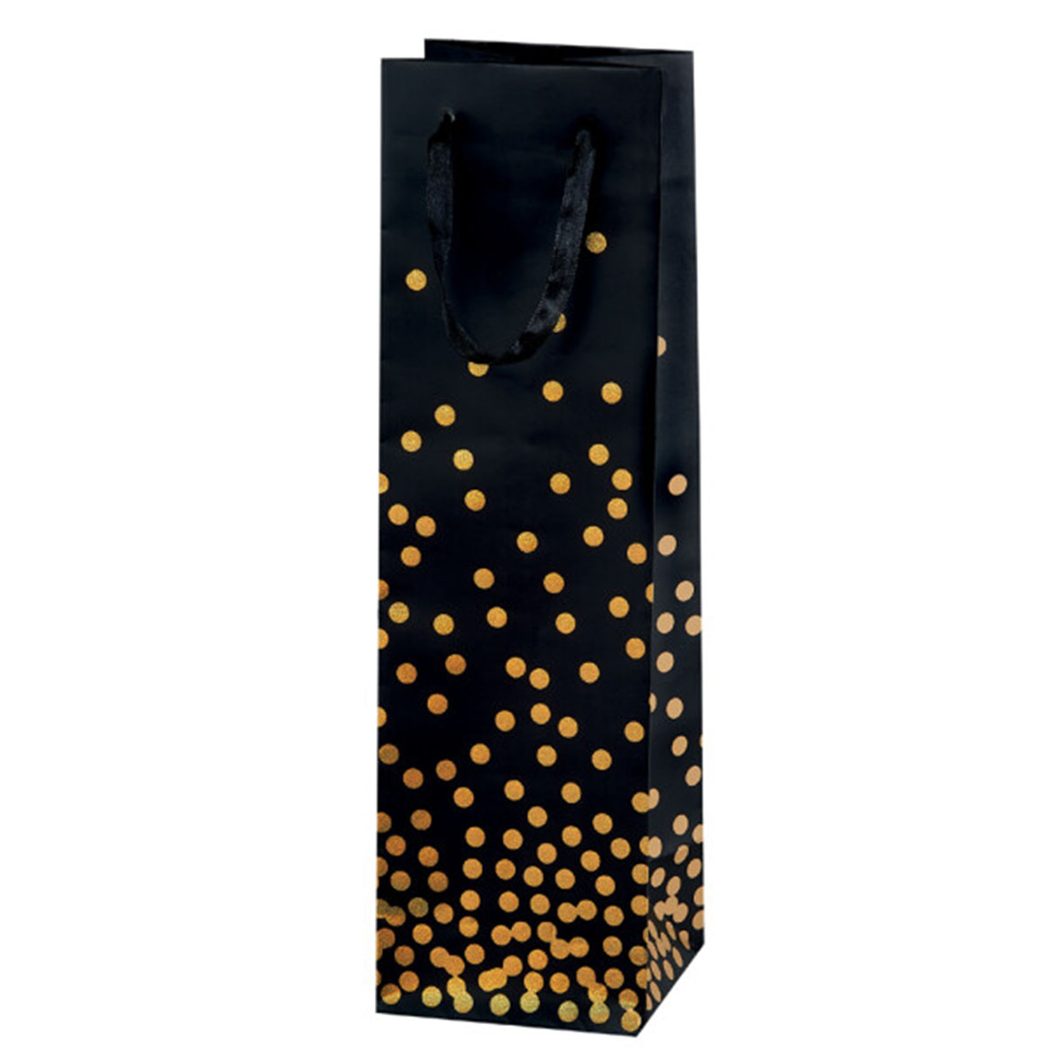 Gift bag for bottles with foil finishing and satin ribbon, 10.5 x 36 x 10 cm, dots gold - Susy Card