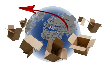 Eine Weltkugel umgeben von Kartons