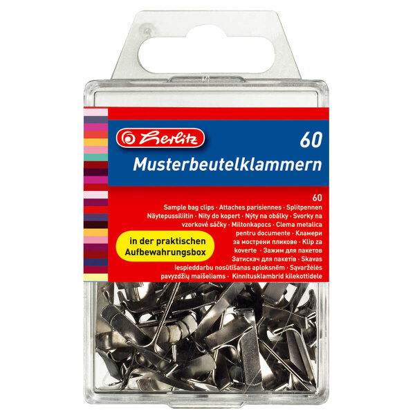 60x Musterbeutelklammern Flachkopf Ø 11,5 mm silber - Herlitz
