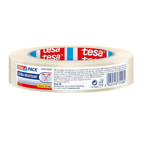 tesapack Ultra Resistant Filamentband 25 mm x 50 m glasfaserverstärkt transparent