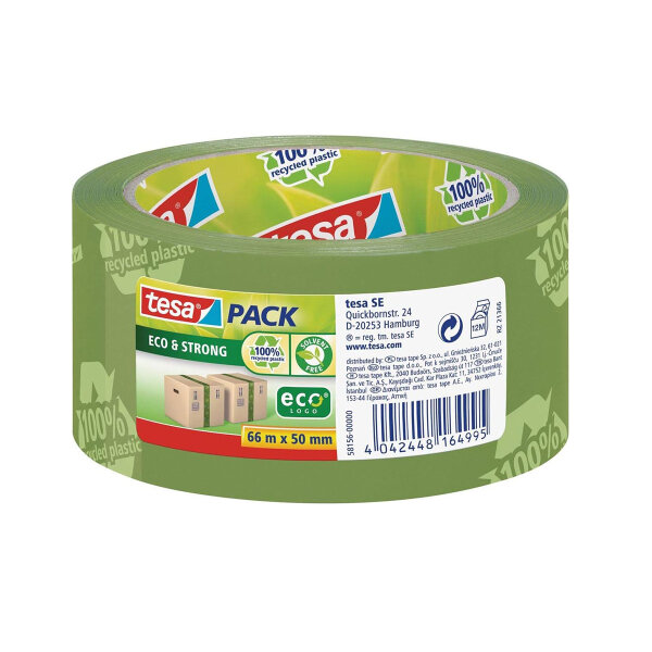 tesapack Eco & Strong 50 mm x 66 m printed parcel tape green