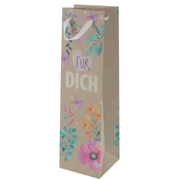 Geschenktasche für Flaschen aus Kraftpapier mit Satinband, 10,5 x 36 x 10 cm, Flower Frame - Susy Card