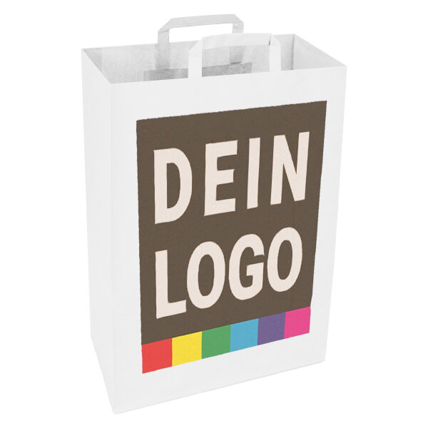 250x Bedruckte Papiertaschen 45x32x16 cm mit Flachhenkel weiß