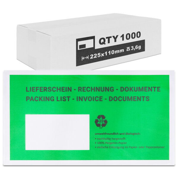1000x Lieferscheintaschen Pergamin Papier 225x110 mm DIN Lang grün