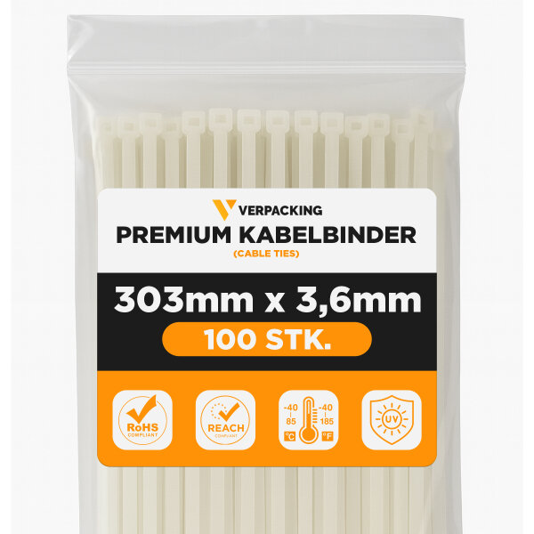 100x Kabelbinder Premium 300 x 3,6 mm Natur