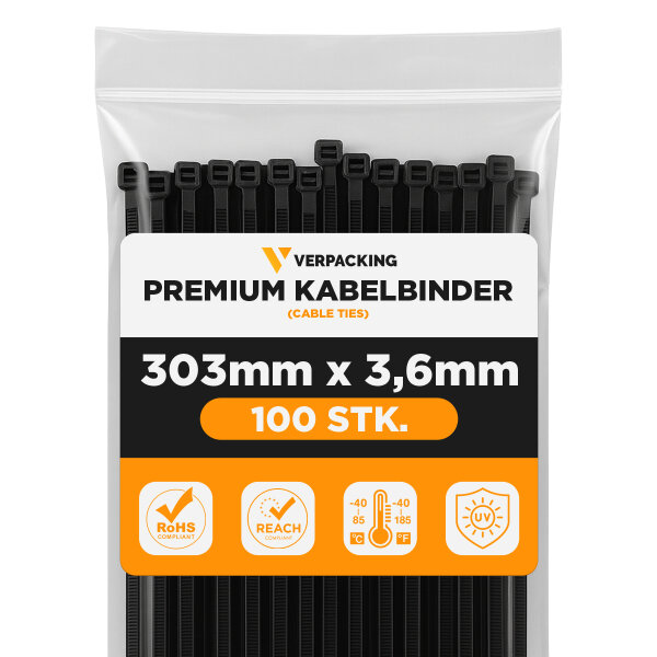 100x Kabelbinder Premium 300 x 3,6 mm Schwarz
