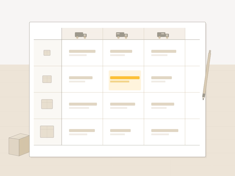 Tabellarische Matrix mit Paketsymbolen und Carrier-Piktogrammen auf Holzfläche